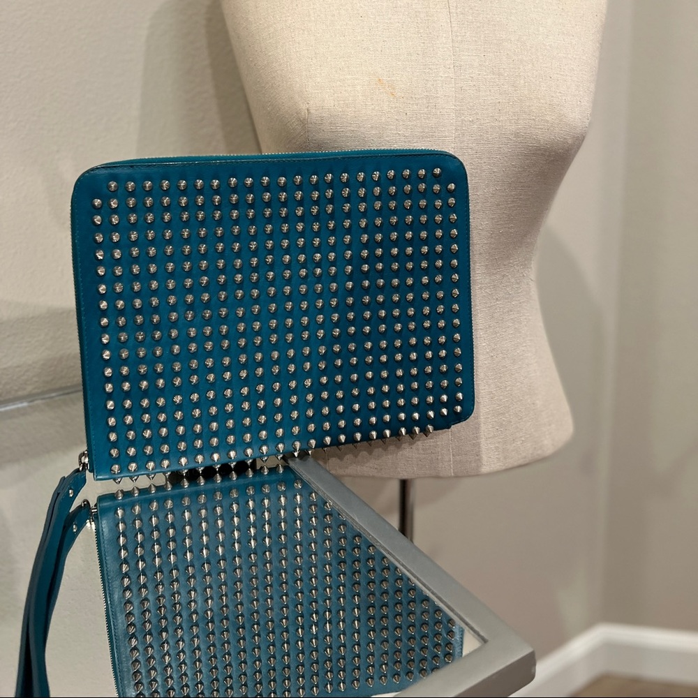 Authentic Louboutin large clutch / iPad case. Teal with spikes